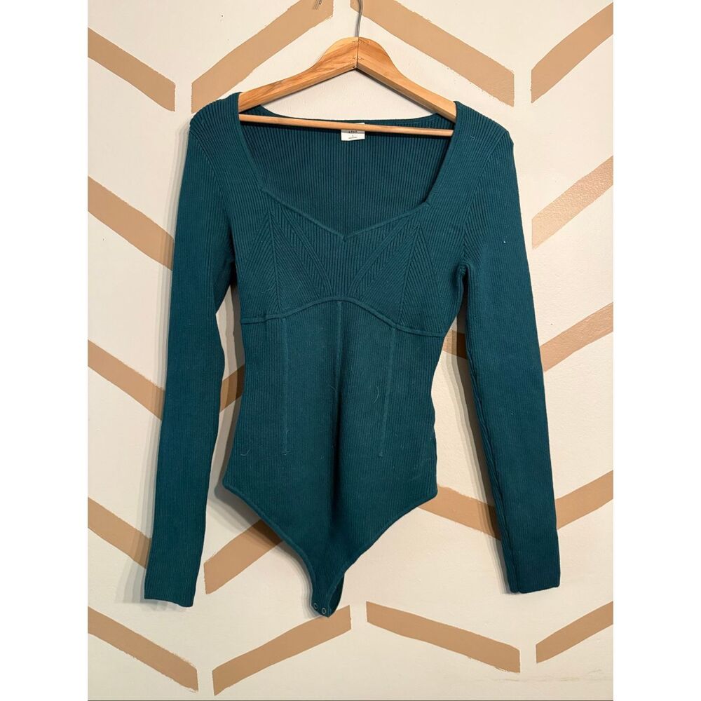 Abercrombie & Fitch Green Corset Ribbed Sweetheart Sweater Bodysuit Size Large